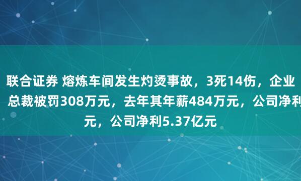 联合证券 熔炼车间发生灼烫事故，3死14伤，企业瞒报谎报，总裁被罚308万元，去年其年薪484万元，公司净利5.37亿元